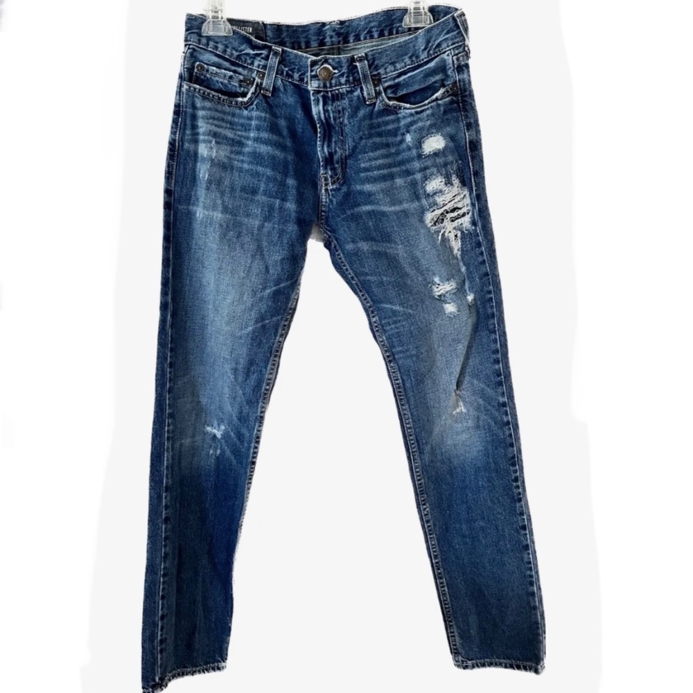 Hollister Men's Jeans Skinny 30x32 Medium Dark Blue Washed/Distressed
